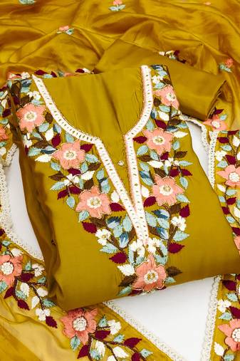 Mustard color thread work work heavy roman silk unstitched chudidar dress material - anls159045b
