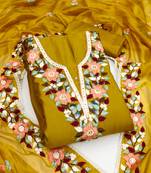 Mustard color thread work work heavy roman silk unstitched chudidar dress material 