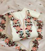 Off white color thread work work heavy roman silk unstitched chudidar dress material 