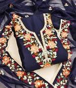 Navy blue color thread work work heavy roman silk unstitched chudidar dress material 