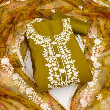 Mustard color thread work work heavy roman silk unstitched chudidar dress material - anls189048a 1