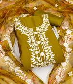 Mustard color thread work work heavy roman silk unstitched chudidar dress material - anls189048a