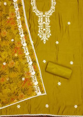 Mustard color thread work work heavy roman silk unstitched chudidar dress material - anls189048a 2