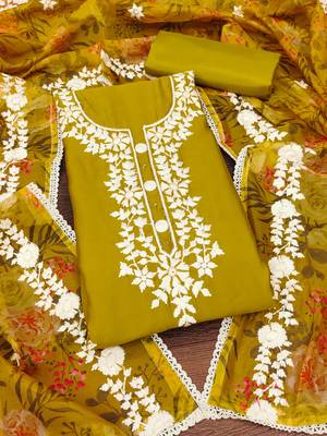 Mustard color thread work work heavy roman silk unstitched chudidar dress material - anls189048a 3