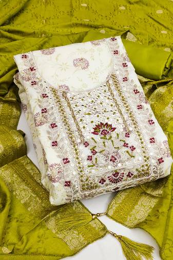 Off white color weaving work heavy modal chanderi unstitched chudidar dress material - anls239053a