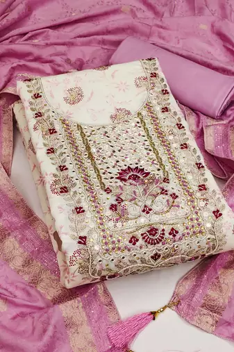 Off white color weaving work heavy modal chanderi unstitched chudidar dress material - anls239053b
