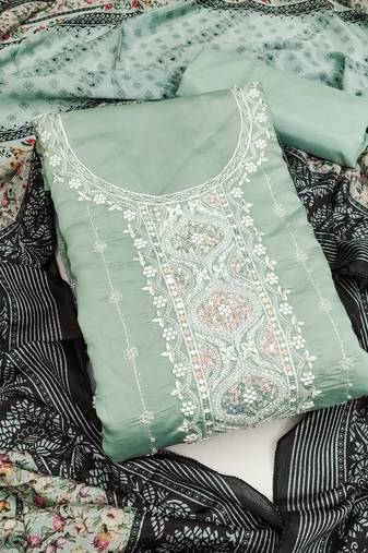 Sea green color sequence work heavy roman silk unstitched chudidar dress material - anls249054a