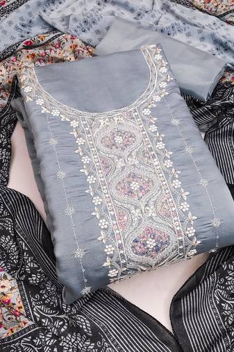Grey color sequence work heavy roman silk unstitched chudidar dress material - anls249054c