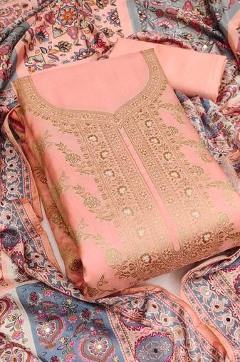 Peach color weaving work banarasi jacquard unstitched chudidar dress material - anls259055a