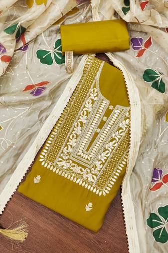 Lime color embroidered work heavy roman silk unstitched chudidar dress material - t-anls139043b