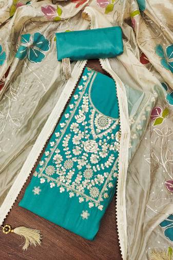 Teal color embroidered work heavy roman silk unstitched chudidar dress material - t-anls149044a