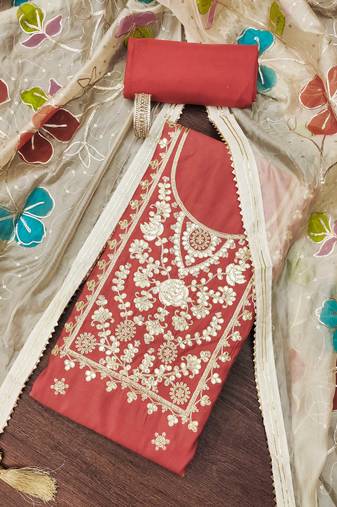 Peach color embroidered work heavy roman silk unstitched chudidar dress material - t-anls149044d