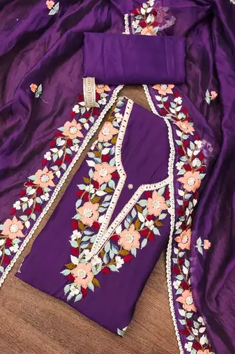 Purple color thread work work heavy roman silk unstitched chudidar dress material - t-anls159045a