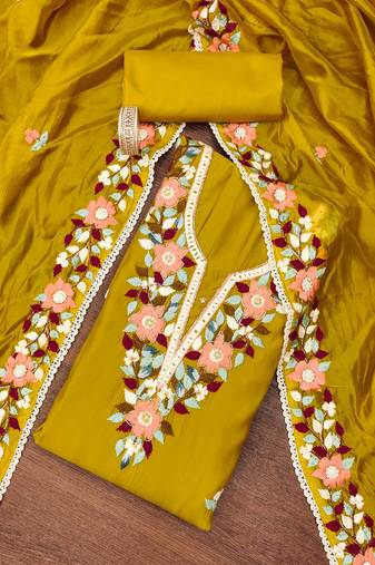 Mustard color thread work work heavy roman silk unstitched chudidar dress material - t-anls159045b