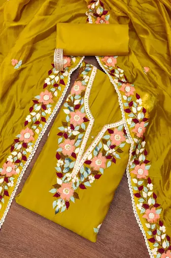 Mustard color thread work work heavy roman silk unstitched chudidar dress material - t-anls159045b