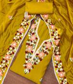 Mustard color thread work work heavy roman silk unstitched chudidar dress material 
