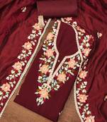 Maroon color thread work work heavy roman silk unstitched chudidar dress material 