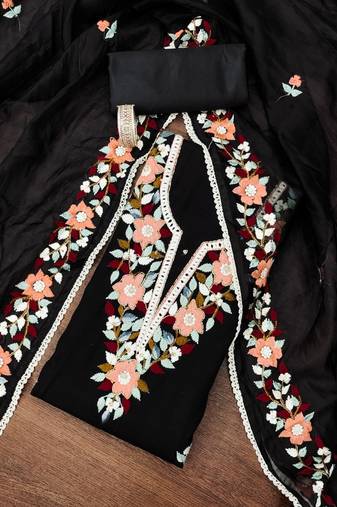 Black color thread work work heavy roman silk unstitched chudidar dress material - t-anls169046b