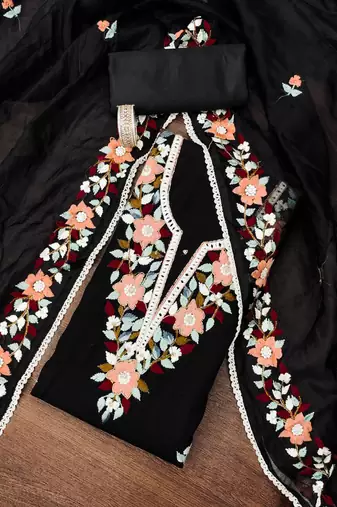 Black color thread work work heavy roman silk unstitched chudidar dress material - t-anls169046b