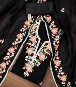 Black color thread work work heavy roman silk unstitched chudidar dress material - t-anls169046b
