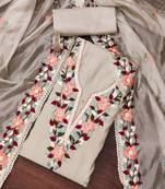 Cream color thread work work heavy roman silk unstitched chudidar dress material - t-anls169046c