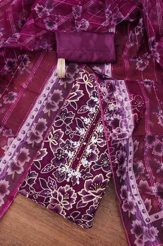 Purple color sequence work heavy organza unstitched chudidar dress material - t-anls199049a
