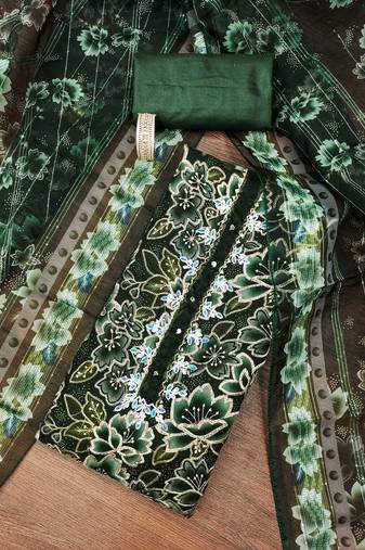 Olive green color sequence work heavy organza unstitched chudidar dress material - t-anls199049c