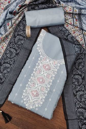 Grey color sequence work heavy roman silk unstitched chudidar dress material - t-anls249054c