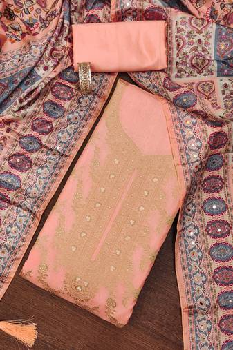 Peach color weaving work banarasi jacquard unstitched chudidar dress material - t-anls259055a