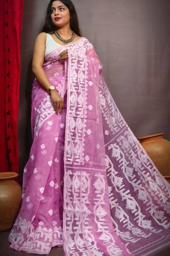 Gorgeous Violet Reshom Dhakai Jamdani Saree