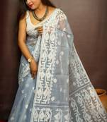 Cotton Silk Printed Gray Jamdani Saree