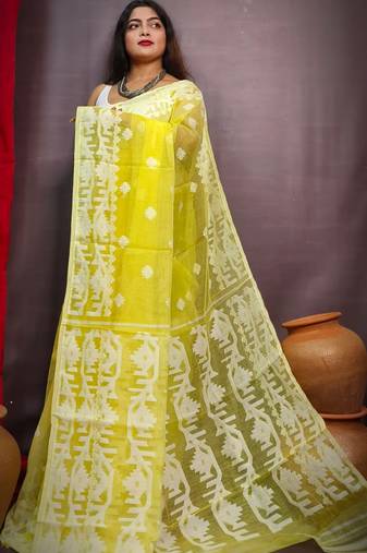 Gorgeous Bright Yellow Beige Reshom Dhakai Jamdani Saree