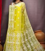 Gorgeous Bright Yellow Beige Reshom Dhakai Jamdani Saree