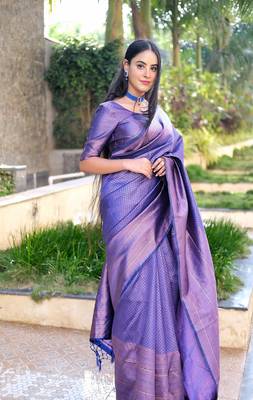 Art Silk Navy Blue Printed Saree With Blouse 1