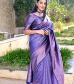 Art Silk Navy Blue Printed Saree With Blouse