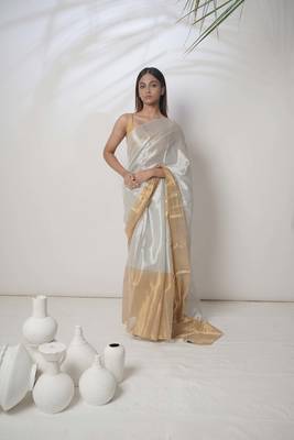 Huts And Looms Tissue Gold Border Plain White Saree 1