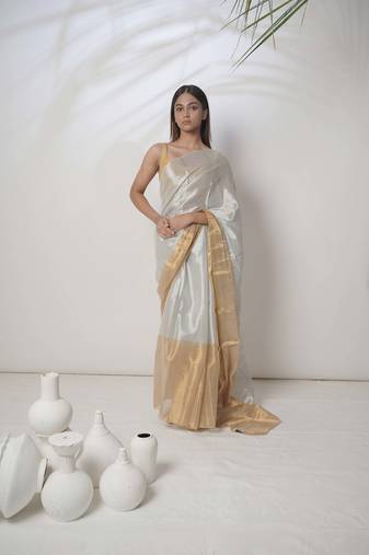 Huts And Looms Tissue Gold Border Plain White Saree