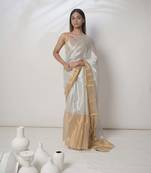 Huts And Looms Tissue Gold Border Plain White Saree