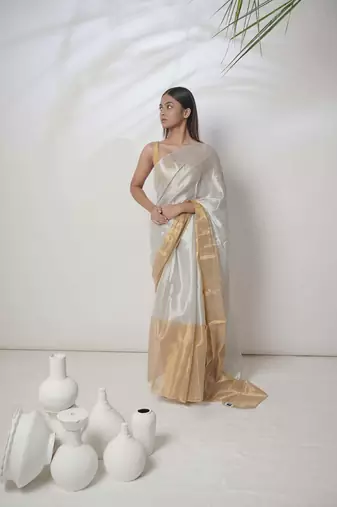 Huts And Looms Tissue Gold Border Plain White Saree