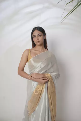 Huts And Looms Tissue Gold Border Plain White Saree