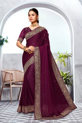 Wine Heavy Zari Embroidery Border Art Silk Saree