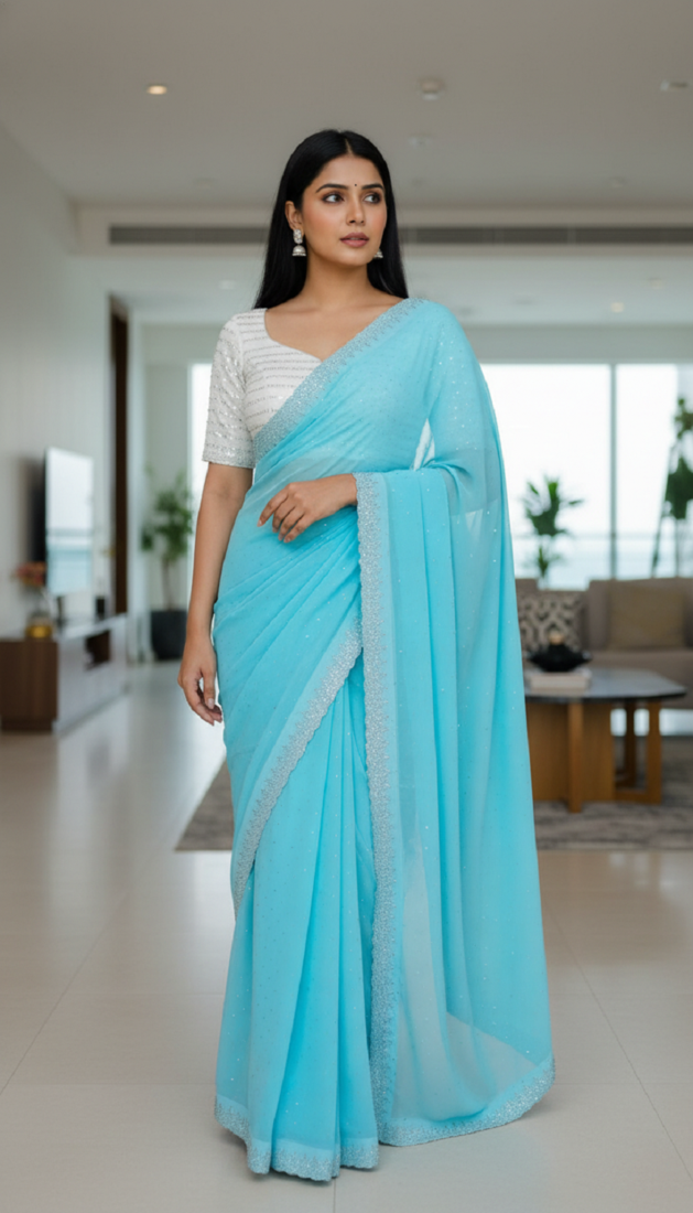 Sky Colour Faux Georgette Designer Swarovski Crystal Sarees With Un-Stitched Blouse