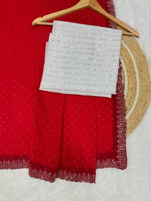 Red Colour Faux Georgette Designer Swarovski Crystal Sarees With Un-Stitched Blouse 3