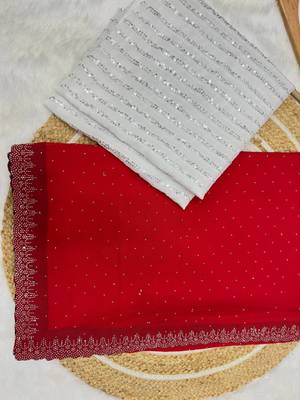 Red Colour Faux Georgette Designer Swarovski Crystal Sarees With Un-Stitched Blouse 4