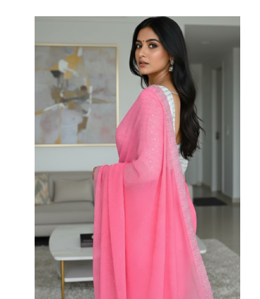 Light Pink Colour Faux Georgette Designer Swarovski Crystal Sarees With Un-Stitched Blouse 3