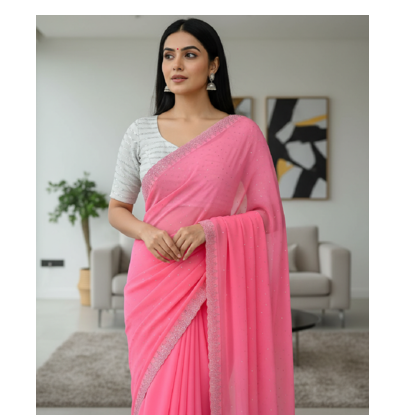 Light Pink Colour Faux Georgette Designer Swarovski Crystal Sarees With Un-Stitched Blouse 4