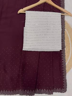 Wine Colour Faux Georgette Designer Swarovski Crystal Sarees With Un-Stitched Blouse 3