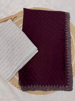 Wine Colour Faux Georgette Designer Swarovski Crystal Sarees With Un-Stitched Blouse 4