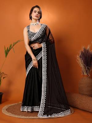 Black Embroidered Net Saree With Blouse Piece 1