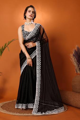 Black Embroidered Net Saree With Blouse Piece
